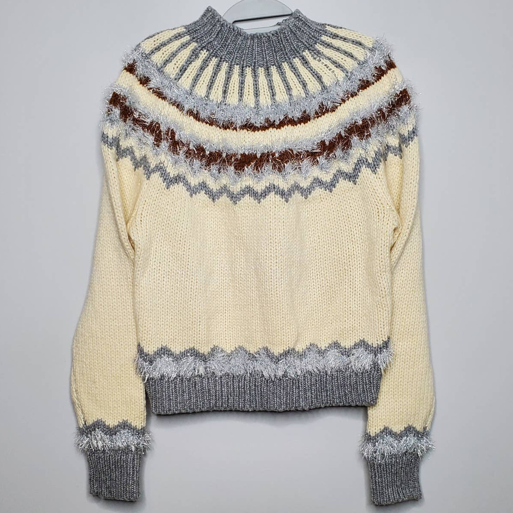 LOU & GREY • Irish Cream Festive Metallic Accent Fair Isle Mockneck Sweater Sz M - Picture 2 of 9